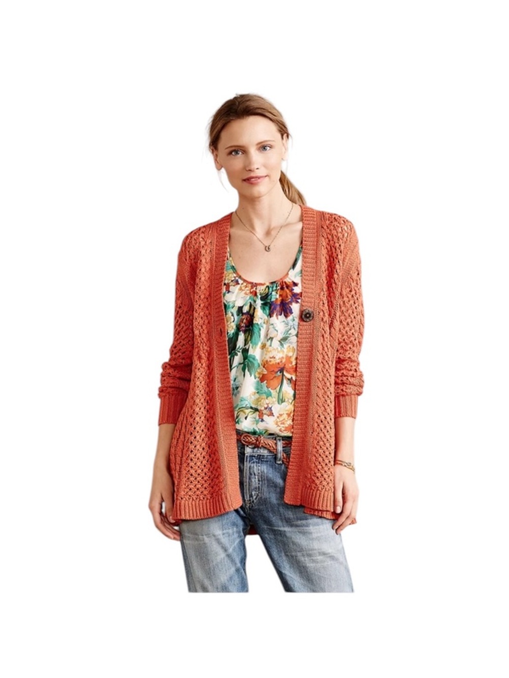 Anthropologie Rosie Neira Orange Open Knit Cardigan One Button Boho Layering S